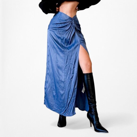 Zara Blue High Waisted Pleated High Slit Satin Midi Skirt Size XS - Picture 1 of 7